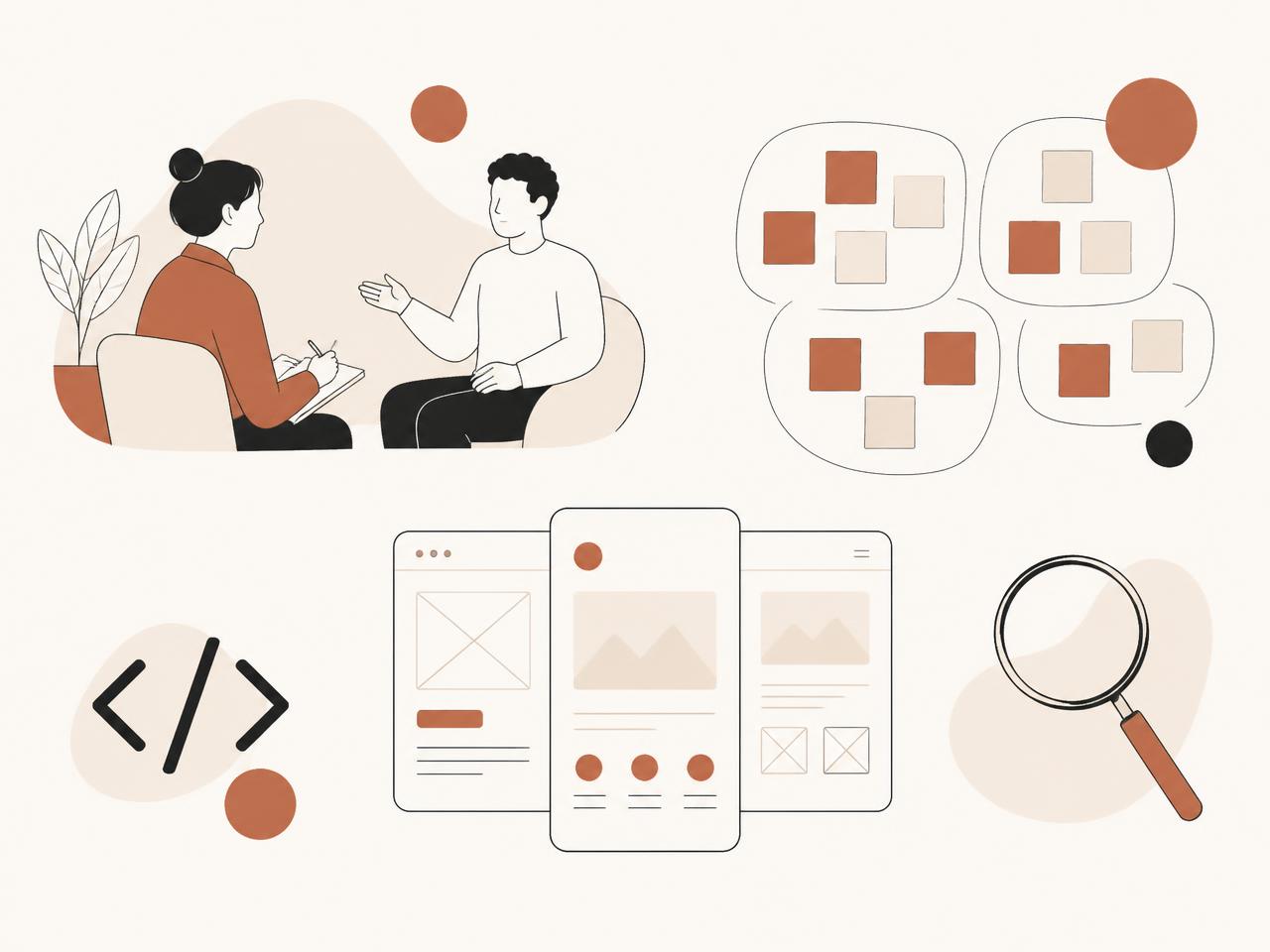 Ilustración de investigación con usuarios, diseño de interfaces y desarrollo web
