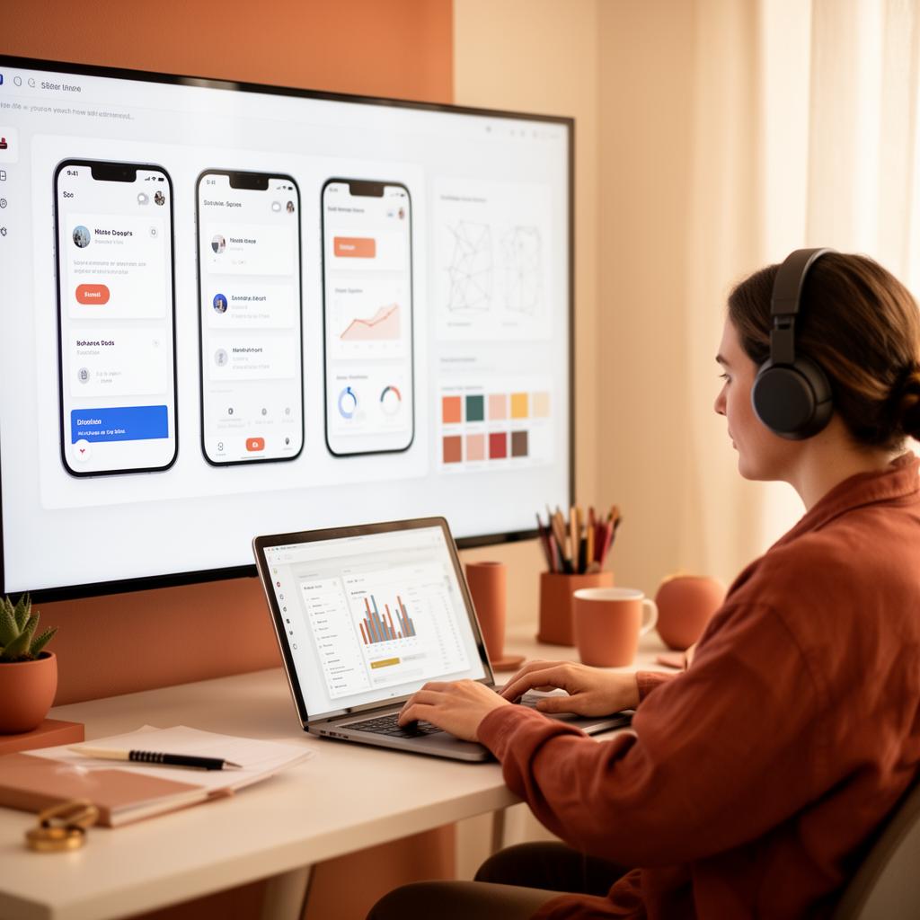 Investigadora UX trabajando con una pantalla de interfaz UI y mockups móviles